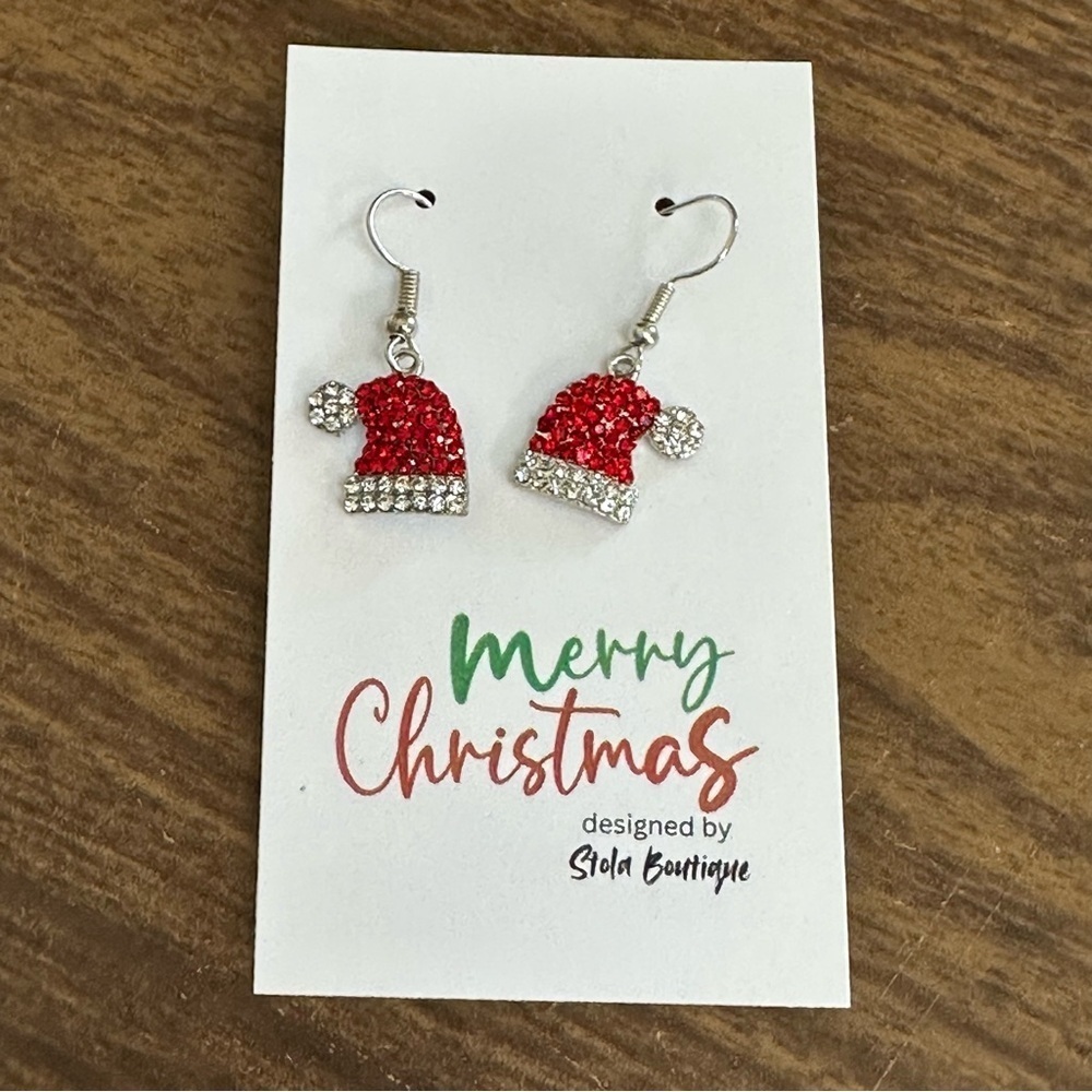 Red and Silver Santa Hat Sparkle Christmas Holiday Dangle Earrings
